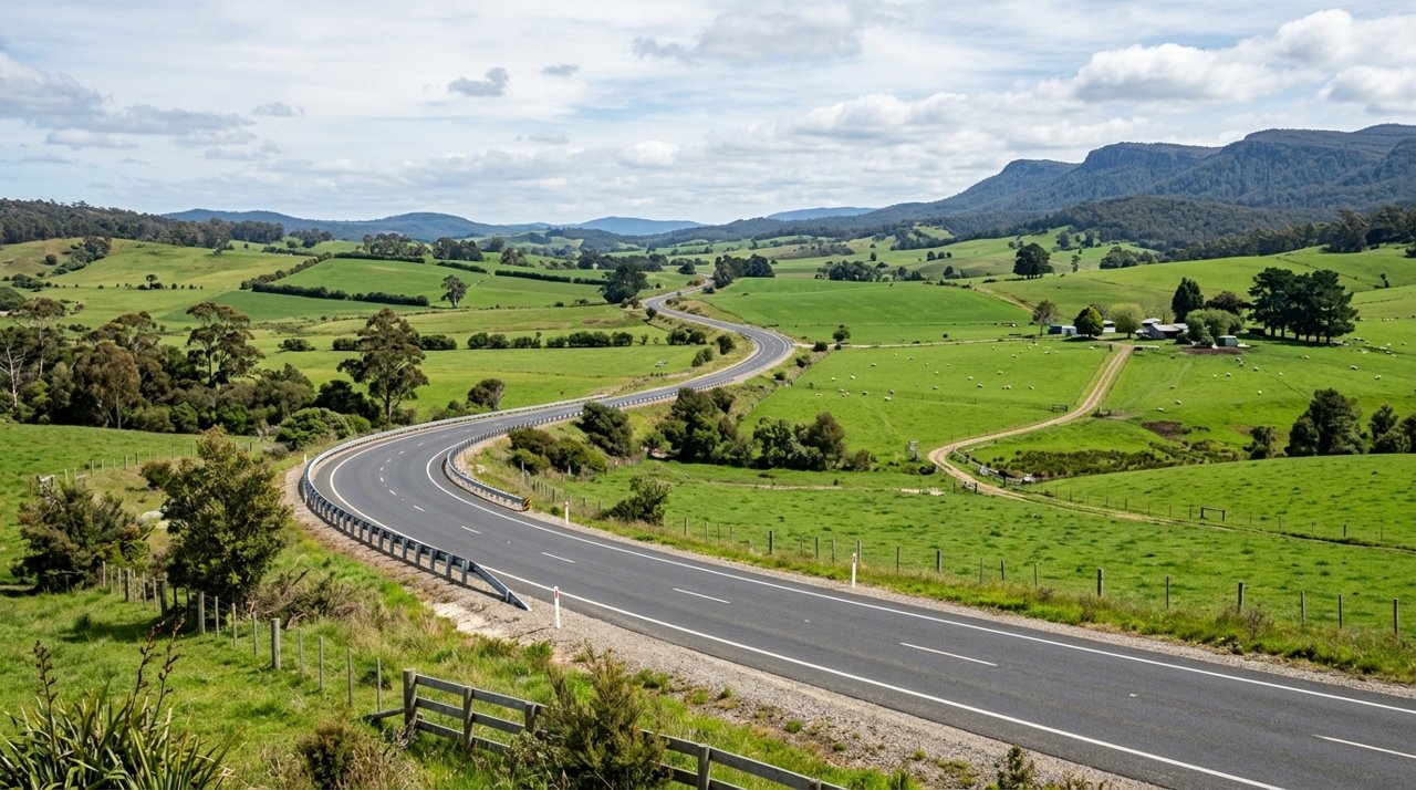 the Bass Highway winding through green farmland near Latrobe in North-West Tasmania, wide shot, no people